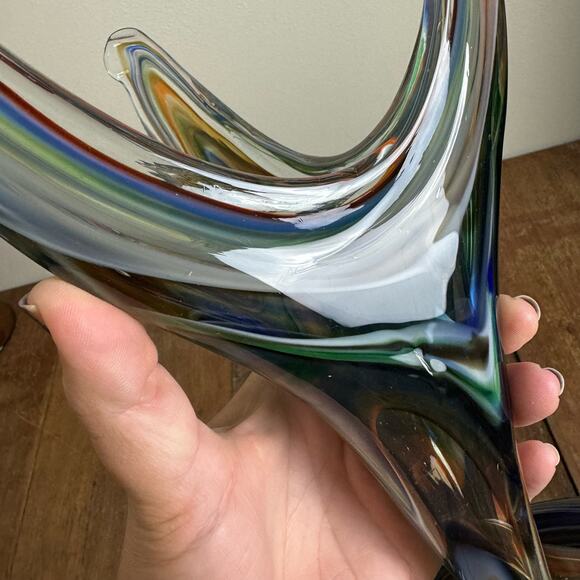 MCM Vintage Blue Green Murano Style Stretched Serpentine Vase Blown Art‎ Glass - Picture 9 of 9